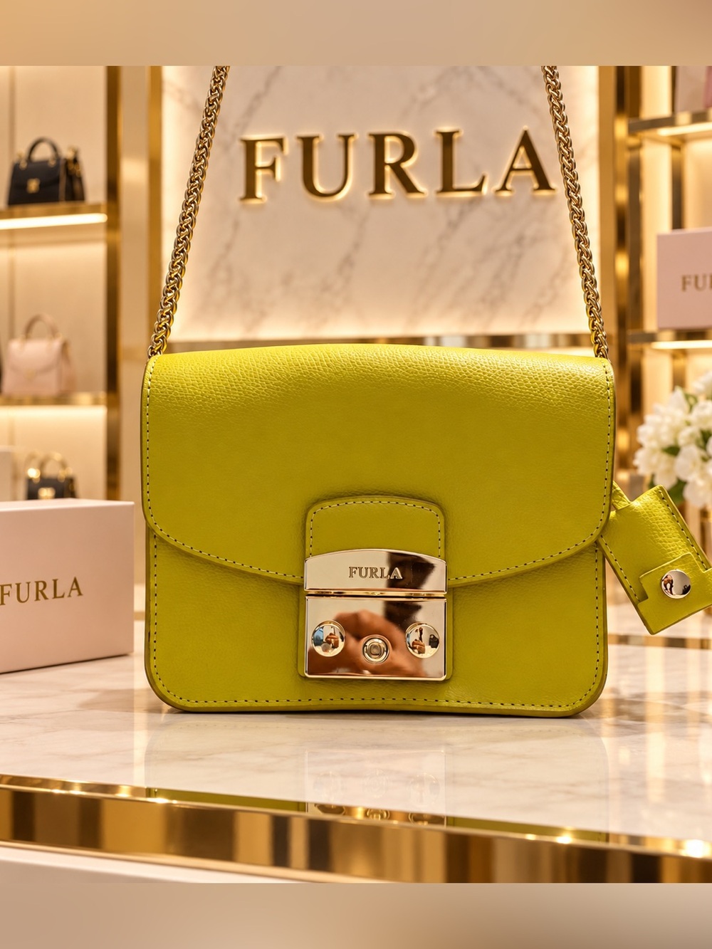 Furla Metropolis Lime Green Pebbled Leather Crossbody with Gold-Tone Lock